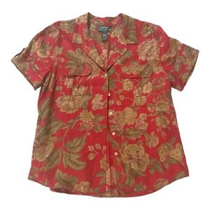 Ralph Lauren Red Floral Shortsleeved Collared Button Up 100% Linen Vintage Sz L
